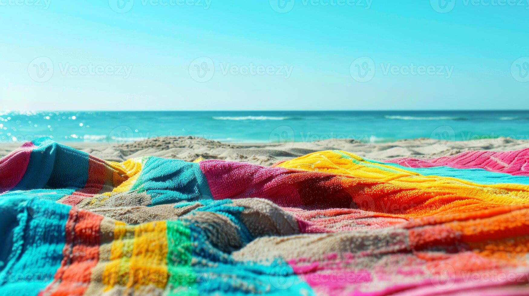 Brightly colored beach towel on a sandy beach with clear blue ocean and sky in the background, capturing a vibrant summer scene photo