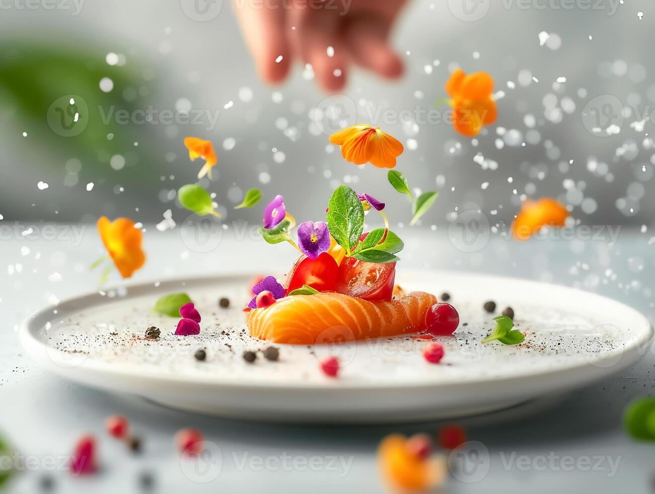 Gourmet dish with salmon, edible flowers, and seasoning being artistically sprinkled on a white plate photo