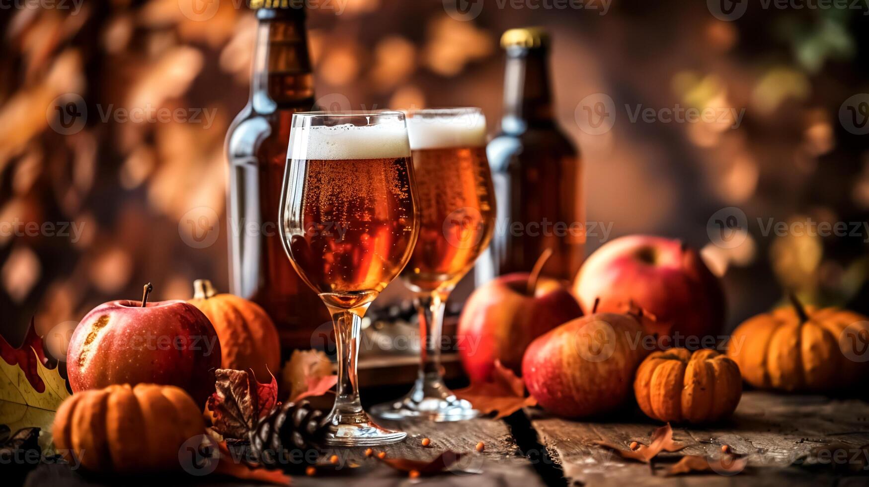 Autumn-themed still life with craft beer, apples, pumpkins, and pine cones on a rustic wooden table, showcasing seasonal ambiance photo