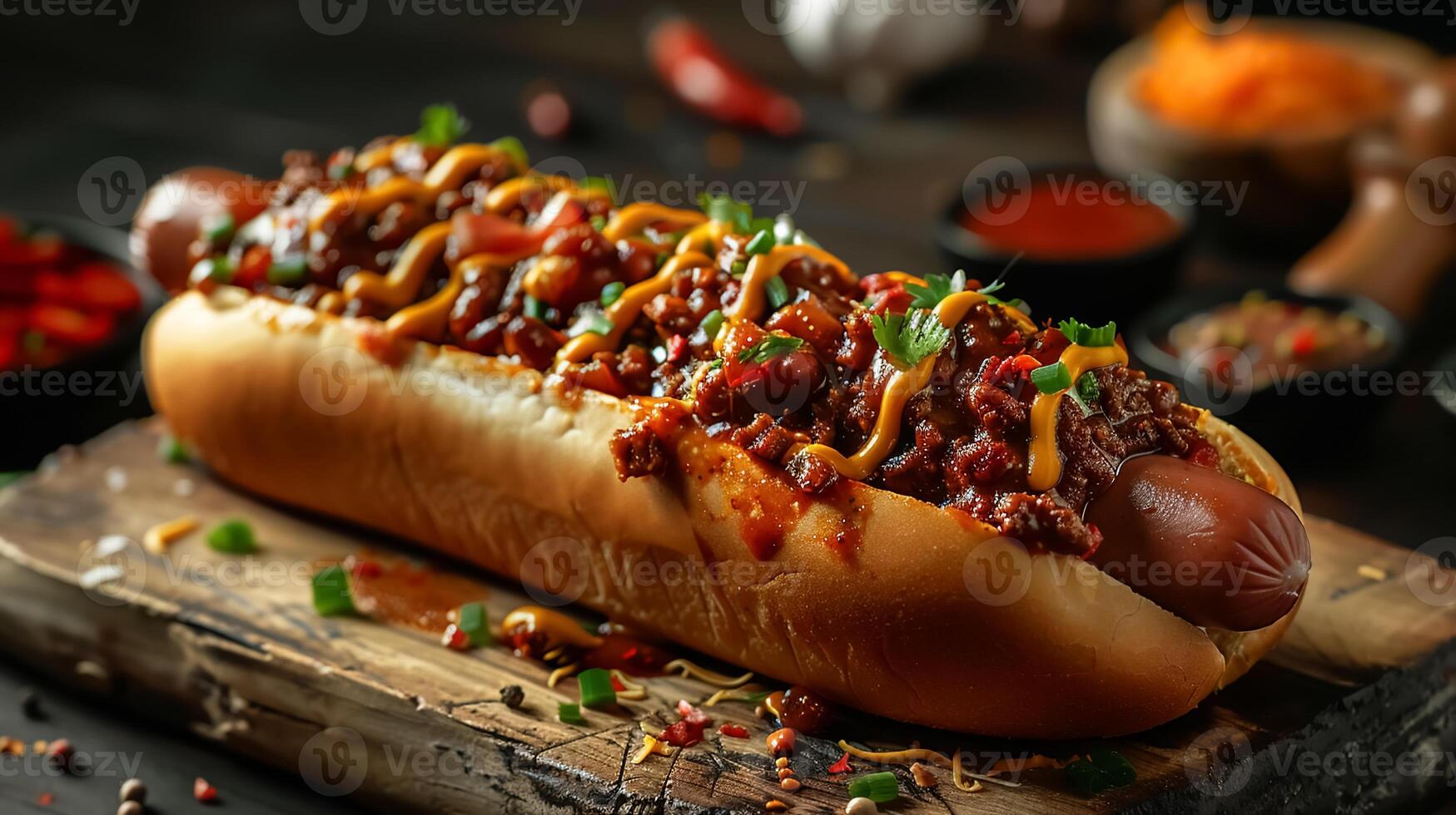 Close-up of a chili cheese hot dog topped with cheese, onions, and cilantro on a rustic wooden board, with condiments around photo
