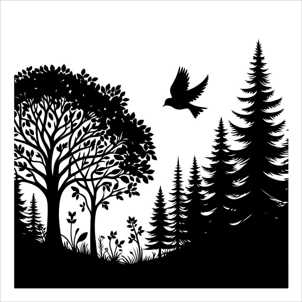 Bird with forest silhouette art vector