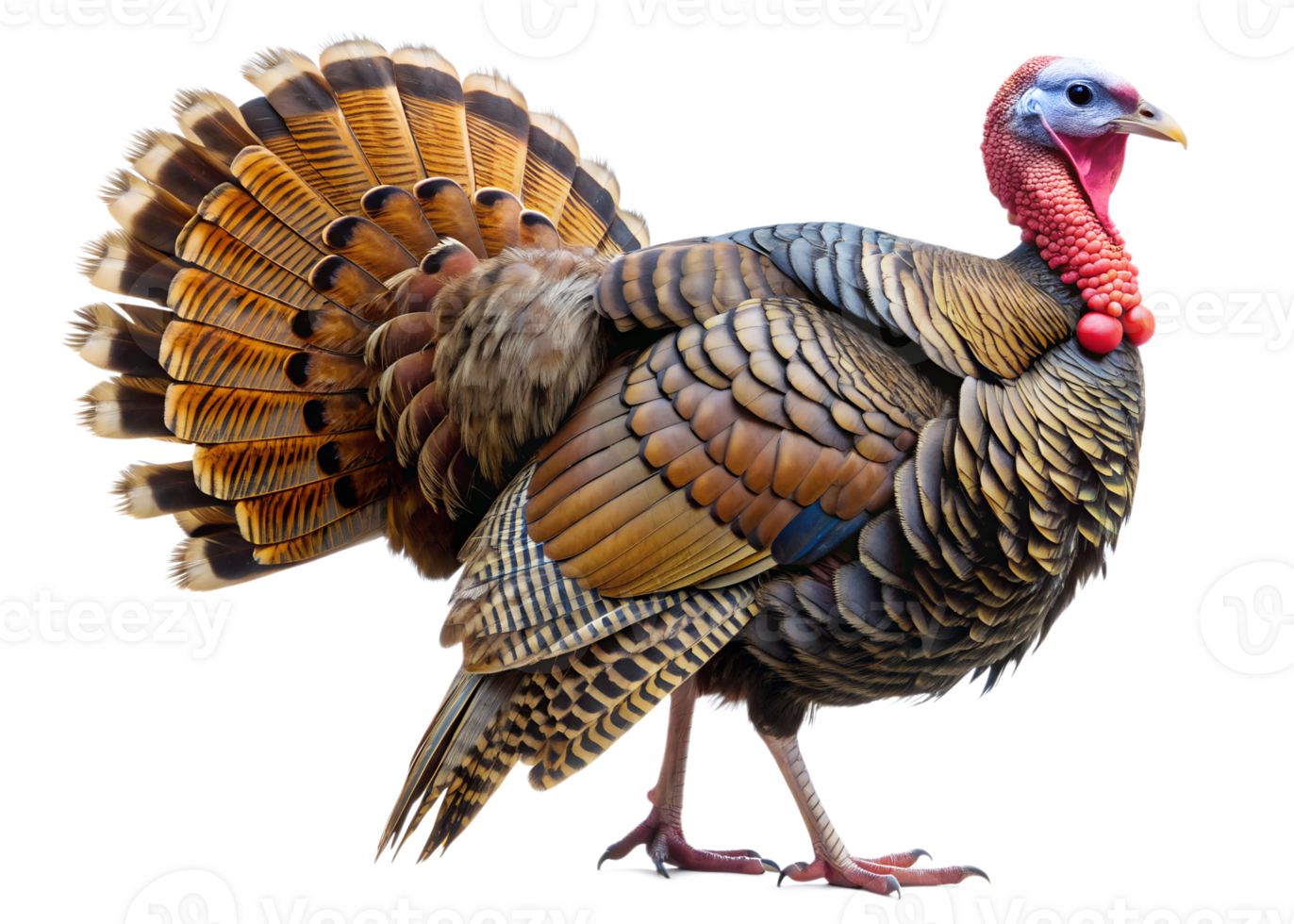 Wild turkey with colorful plumage in profile view, transparent png