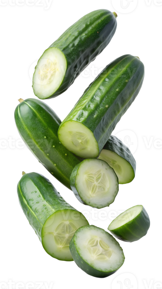 Sliced cucumbers floating in mid-air, transparent png