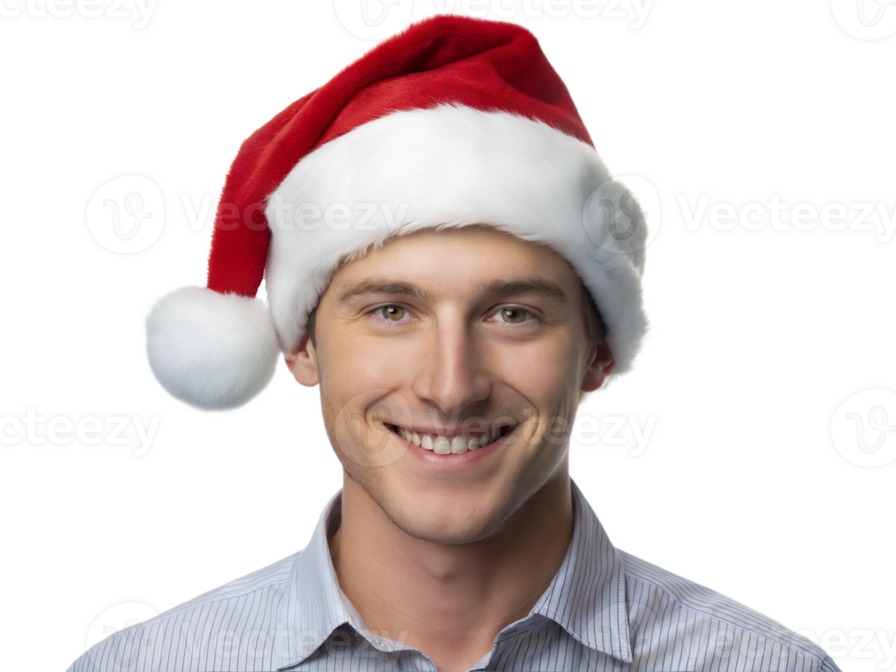 Young man in santa hat smiling, festive portrait, transparent png