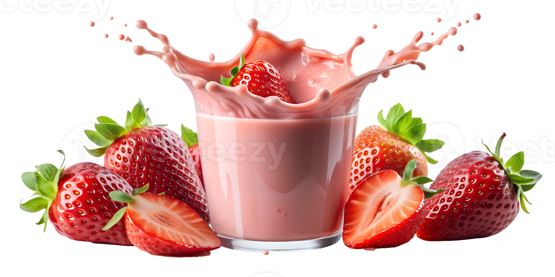 Fresh strawberries splashing into strawberry yogurt, isolated transparent png