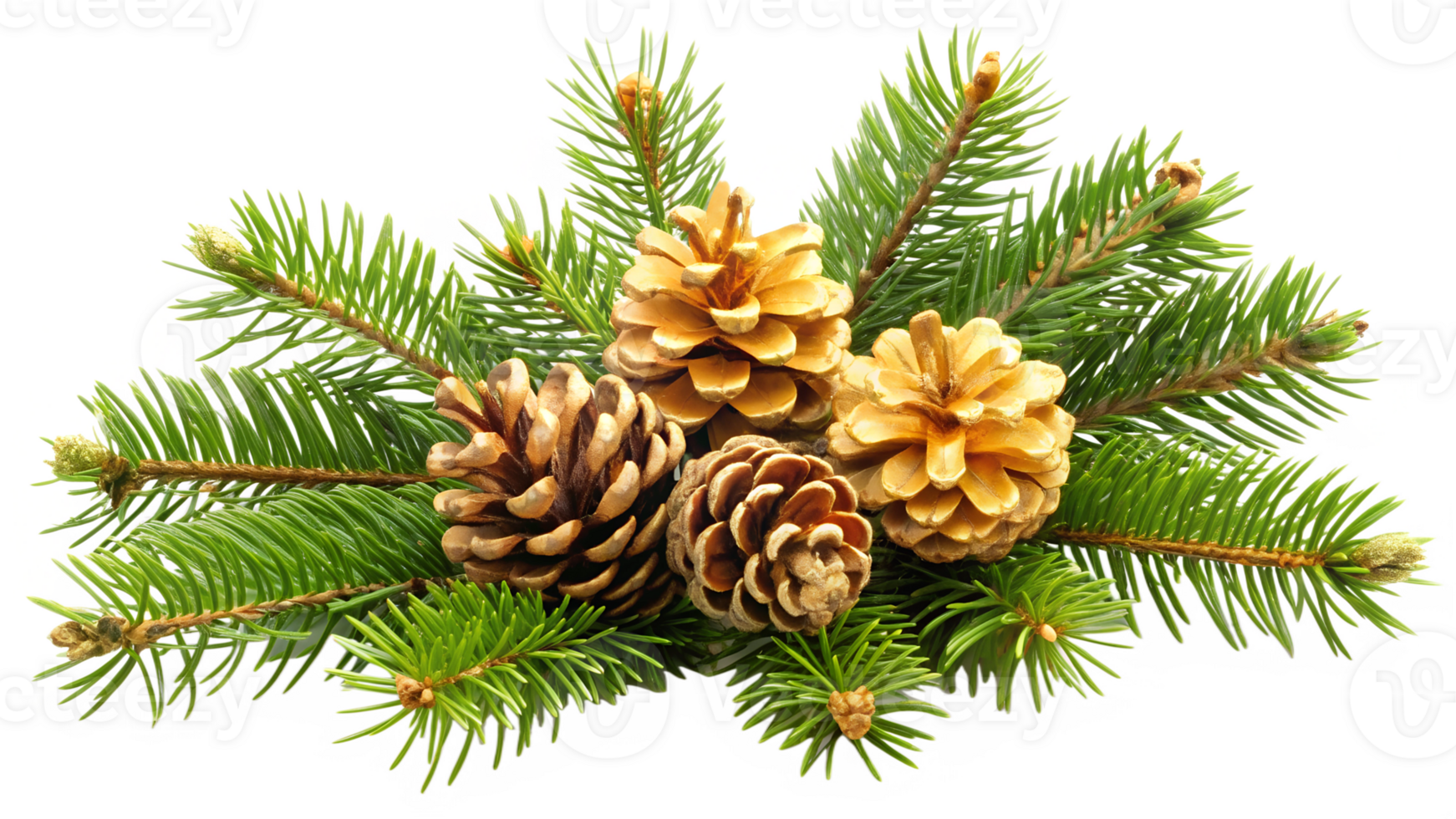 Pine branches with golden pinecones holiday arrangement, transparent png