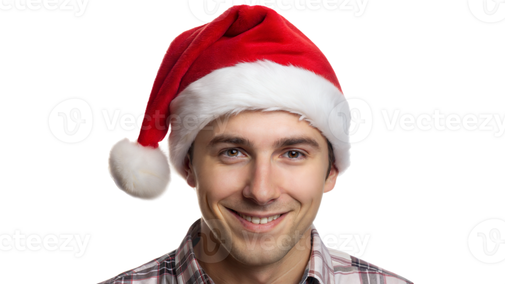 Man smiling in santa hat, close-up portrait, transparent png
