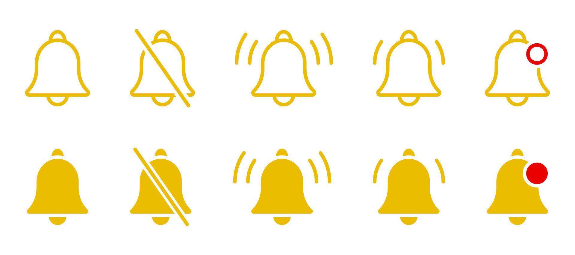 Notification yellow icon set. New message sign. Ringing bell symbol. Alarm alert pictogram. Mute reminder illustration. vector