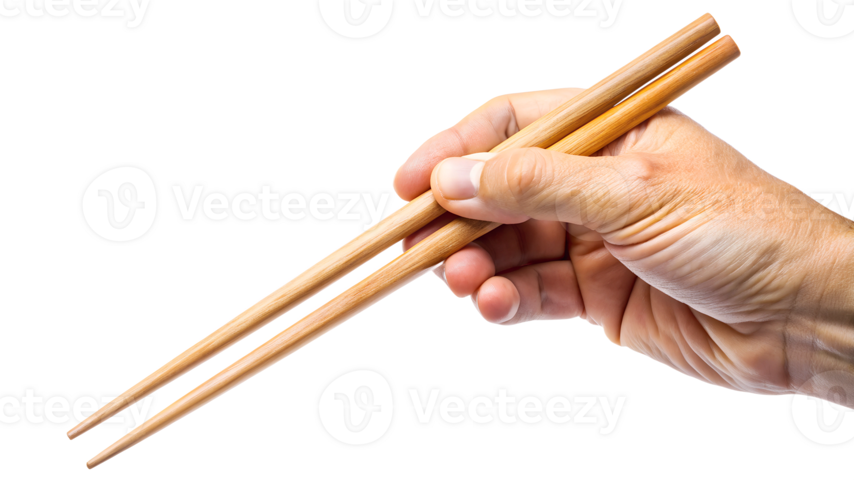 Hand grasping wooden chopsticks for eating, transparent png