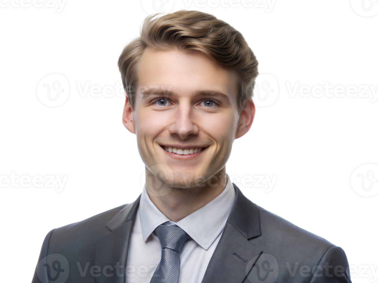 Jeune homme d'affaire dans gris costume souriant, transparent png