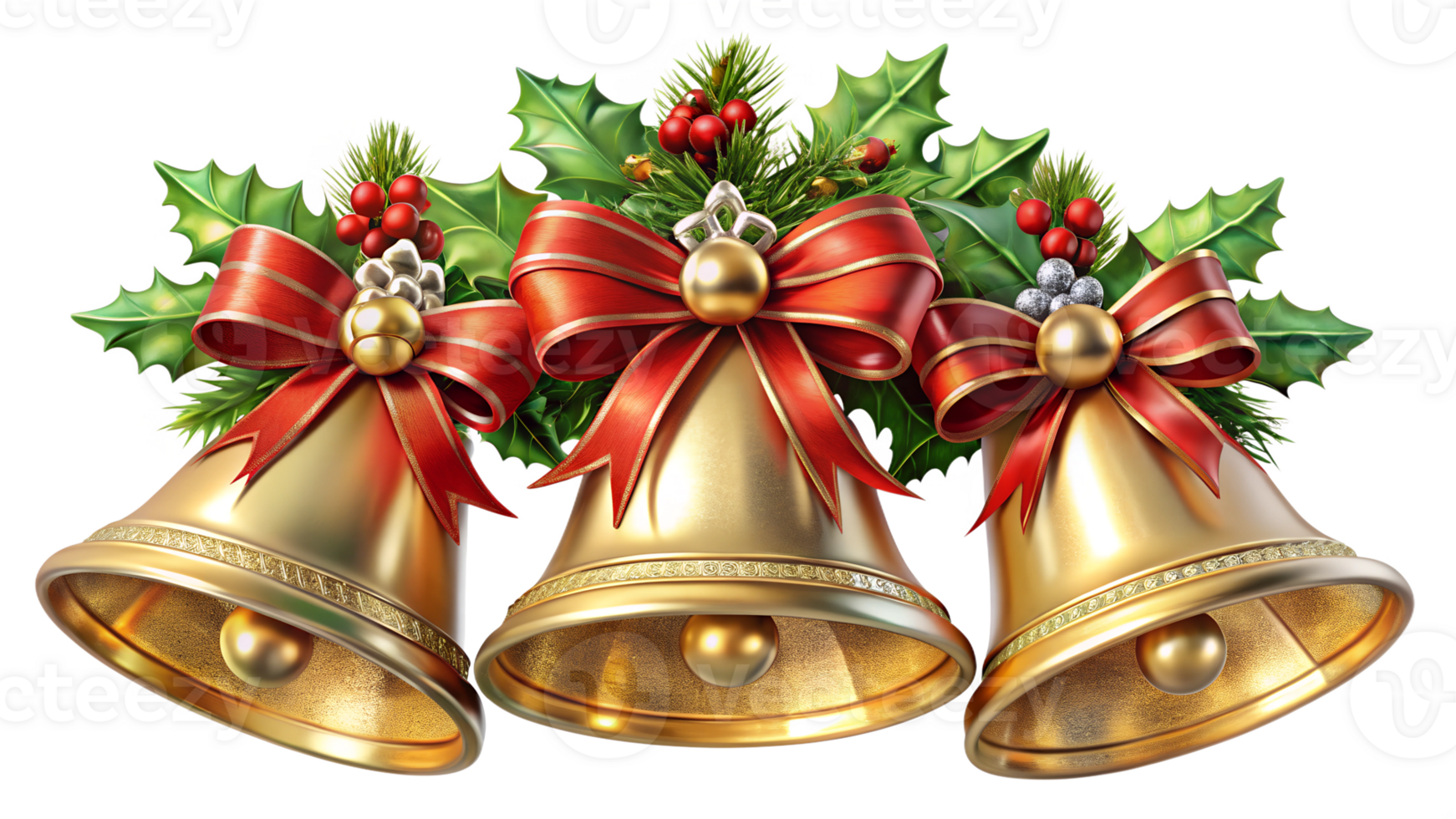 Christmas bells with red ribbons and holly leaves, transparent png