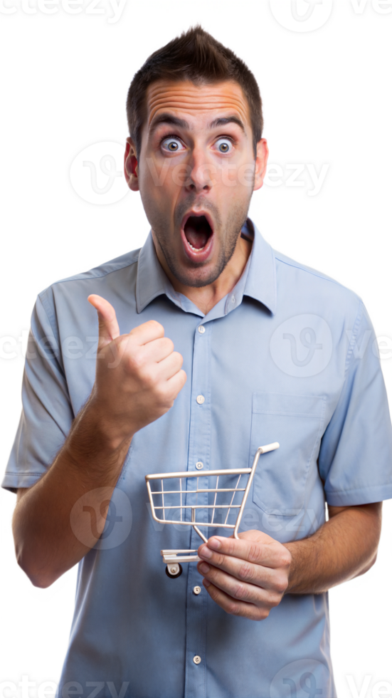 Surprised man holding miniature shopping cart, transparent png