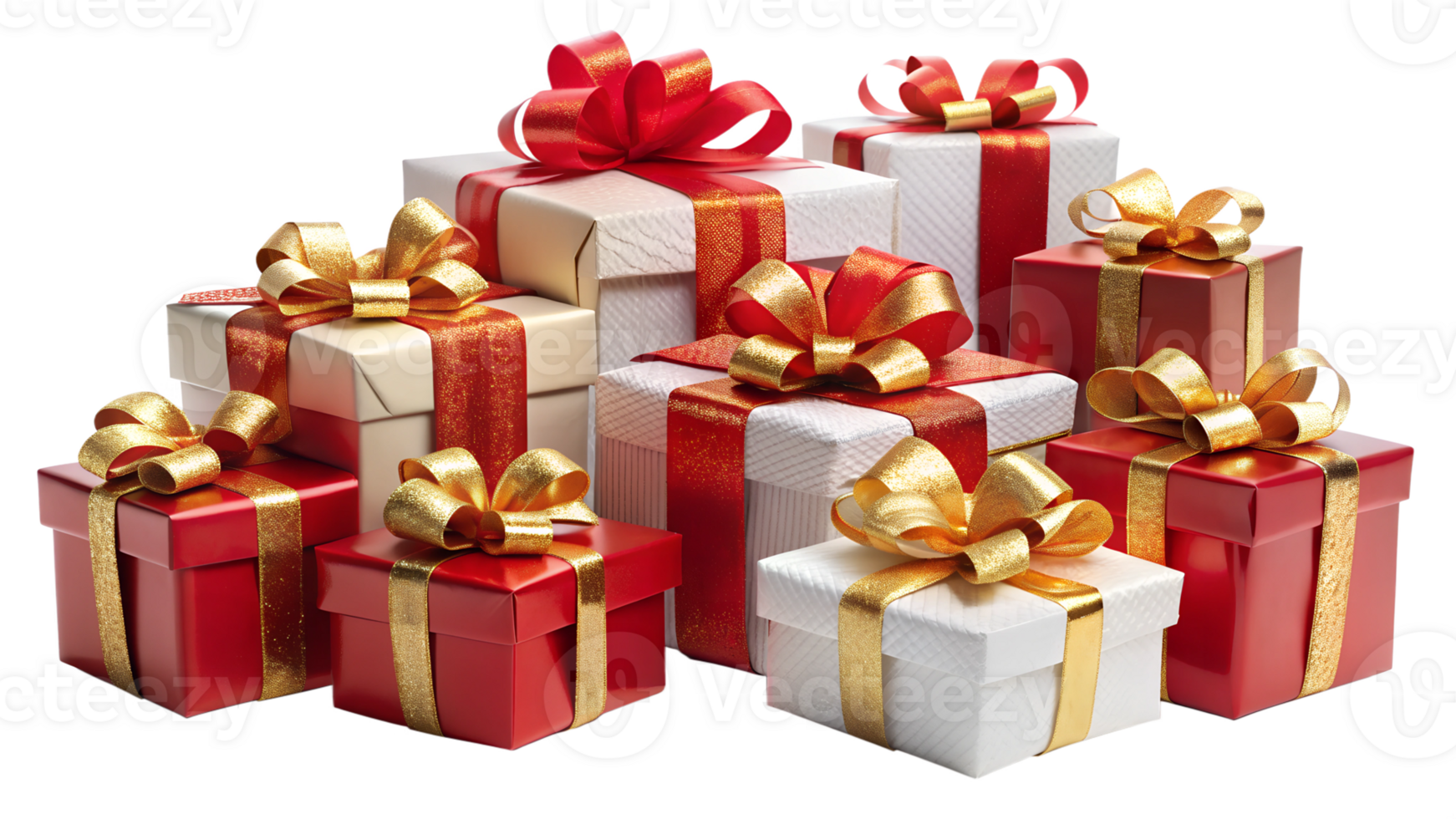 Christmas presents with shiny red ribbons and bows, transparent png