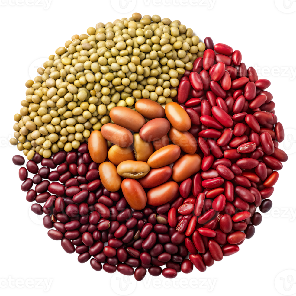 Assorted beans and legumes in circular arrangement, transparent png