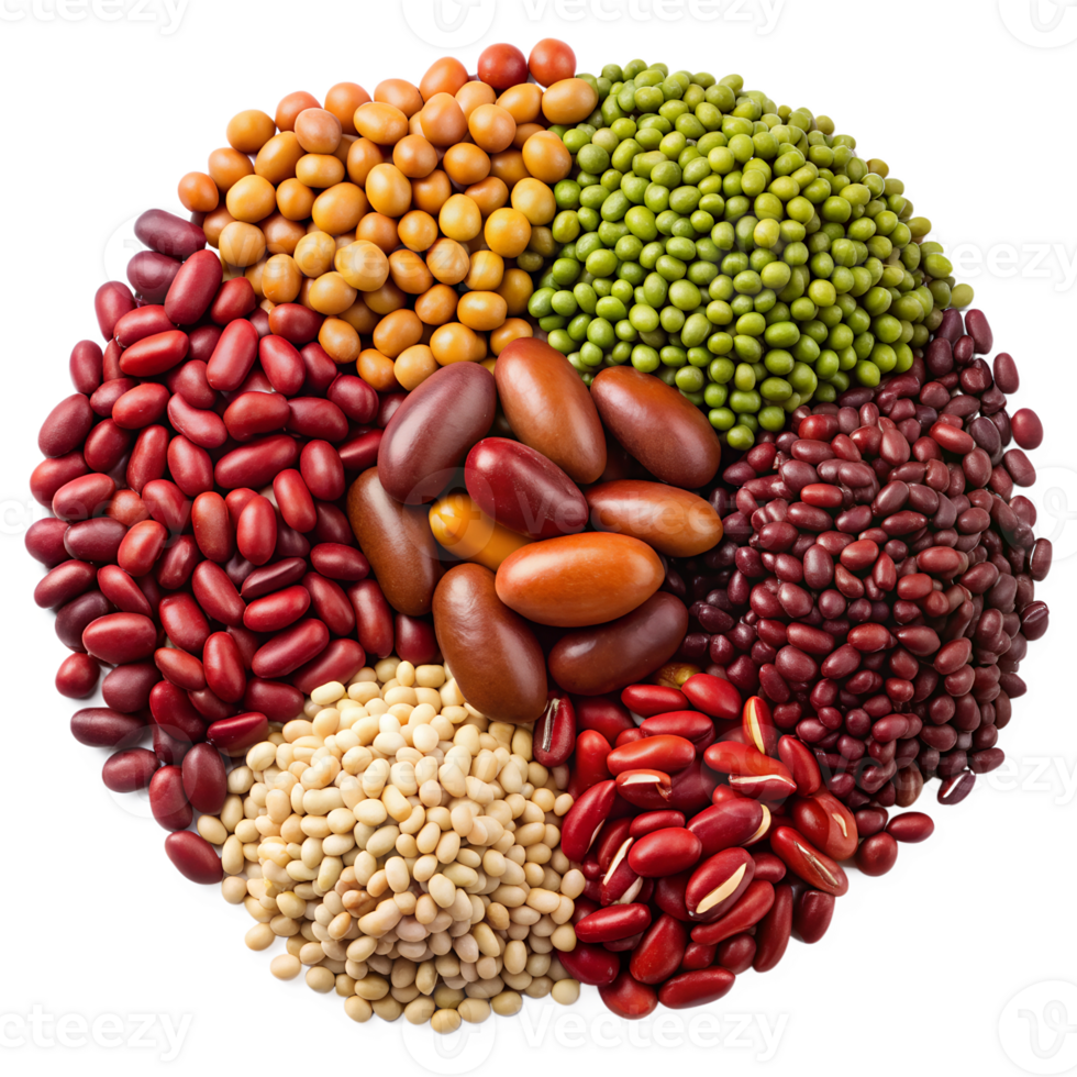 Colorful assortment of beans and legumes in a circle, transparent png