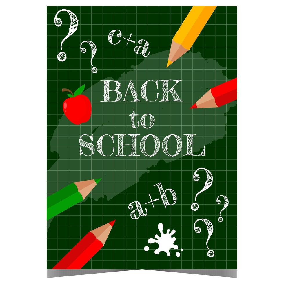 Back to school banner or poster with school supplies and letters on a chalk board background. Invitation to celebrate together with pupils and teachers the beginning of a new academic year. vector