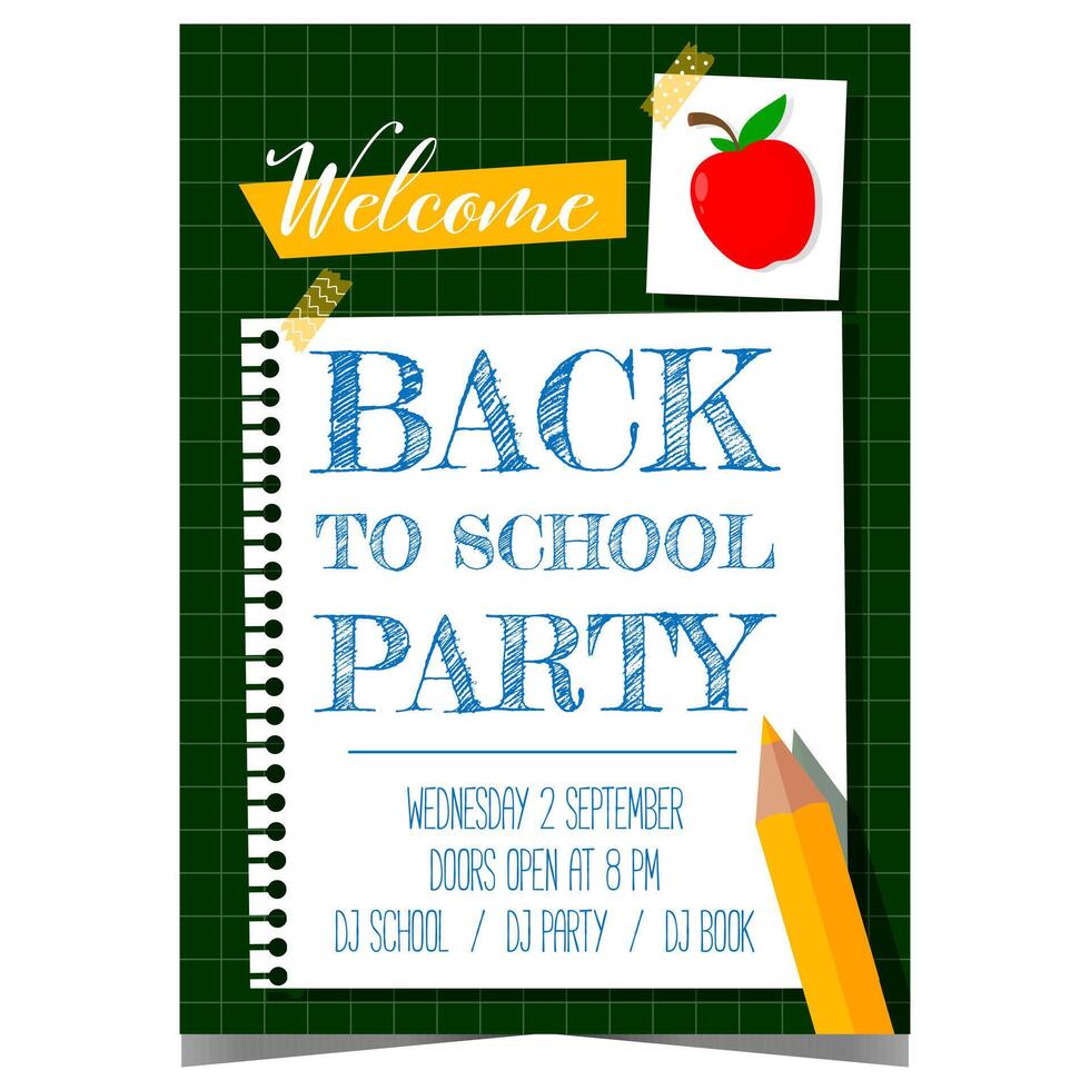 Back to school party poster to celebrate with pupils, students and teachers the start of new school year. Banner, leaflet or flyer with pencil, apple and inscription on a school notebook. vector