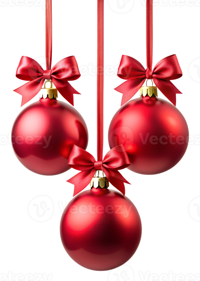 Three red christmas baubles with ribbons and bows, transparent png