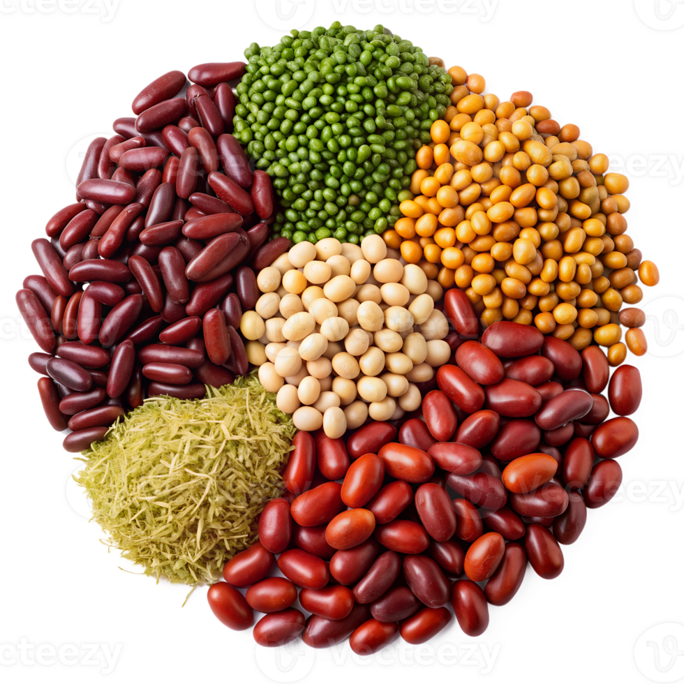Variety of colorful beans and legumes on plate, transparent png