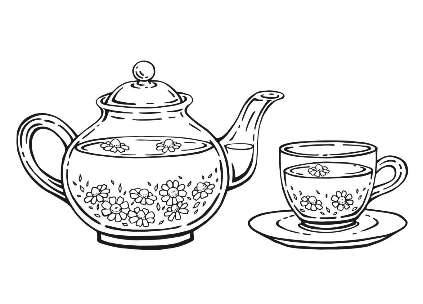 Hand drawn teapot, cup, chamomile. illustration in outline style. vector