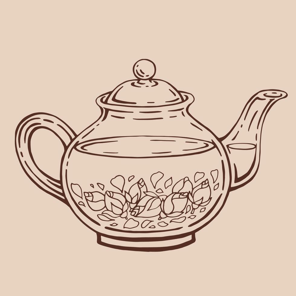 Teapot of tea with rose. Hand drawn illustration in outline style. vector