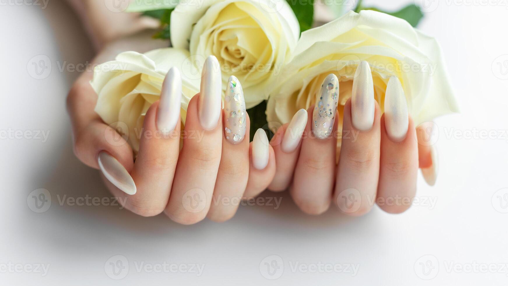 Female Hands with beautiful pearl manicure and white roses photo
