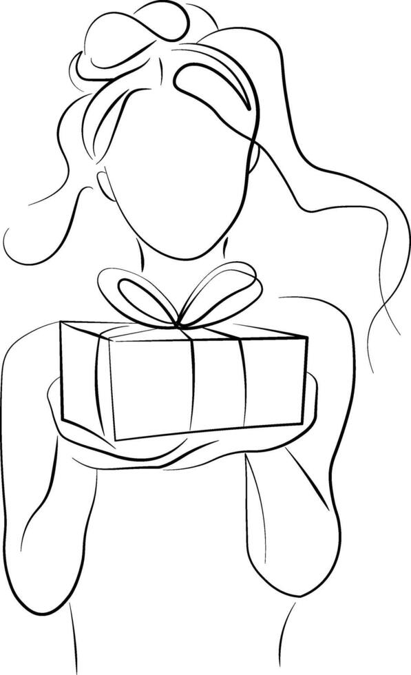 girl with gift black line drawing without background vector