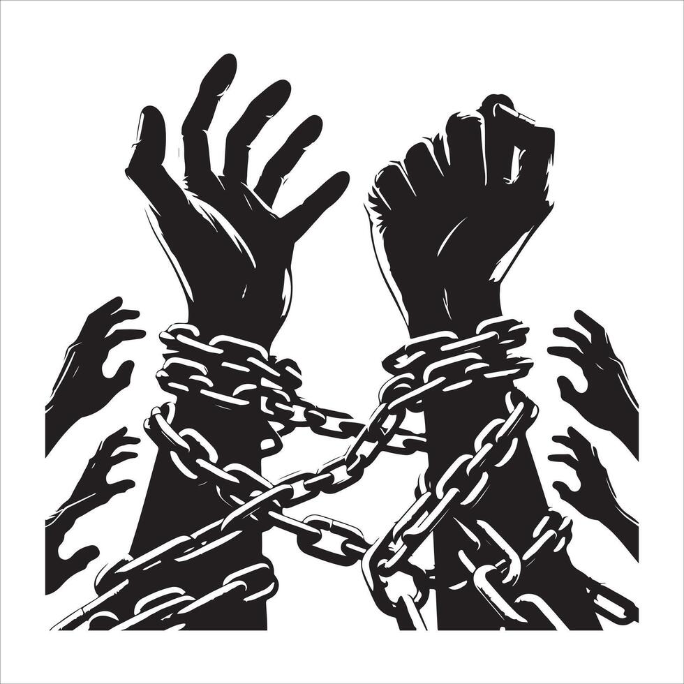 A pair of hands chained to a chain with the text words freedom , freedom silhouette vector