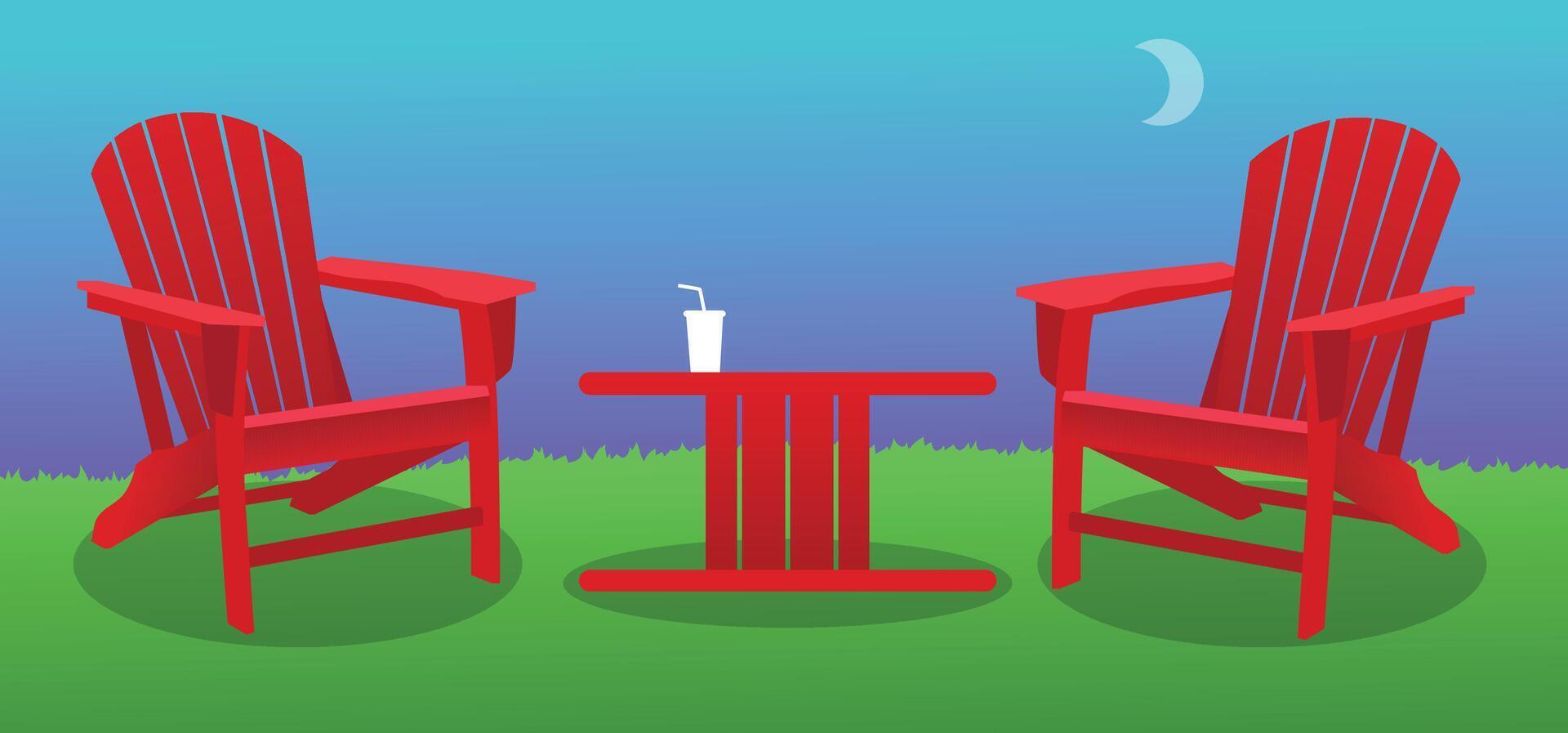 Red Adirondack chairs on lawn with spool table and drink cup vector
