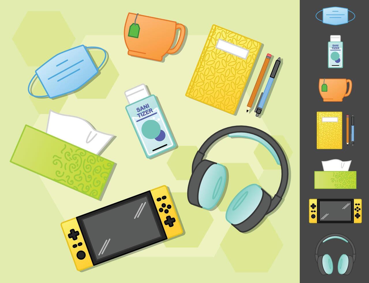 Flu or cold and gaming essentials, stay at home set vector