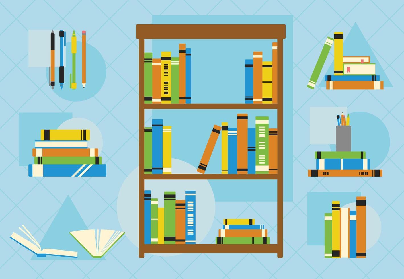 Set of books, bookshelf and pens in a flat design style vector