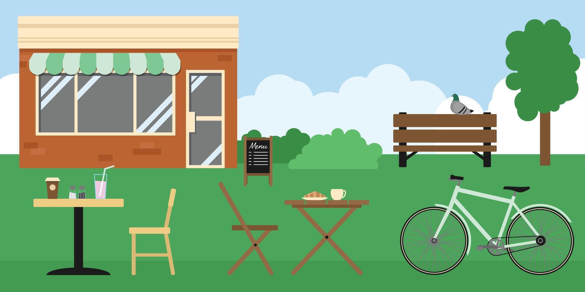 Cafe elements, bike, tables, coffee, bench in park vector