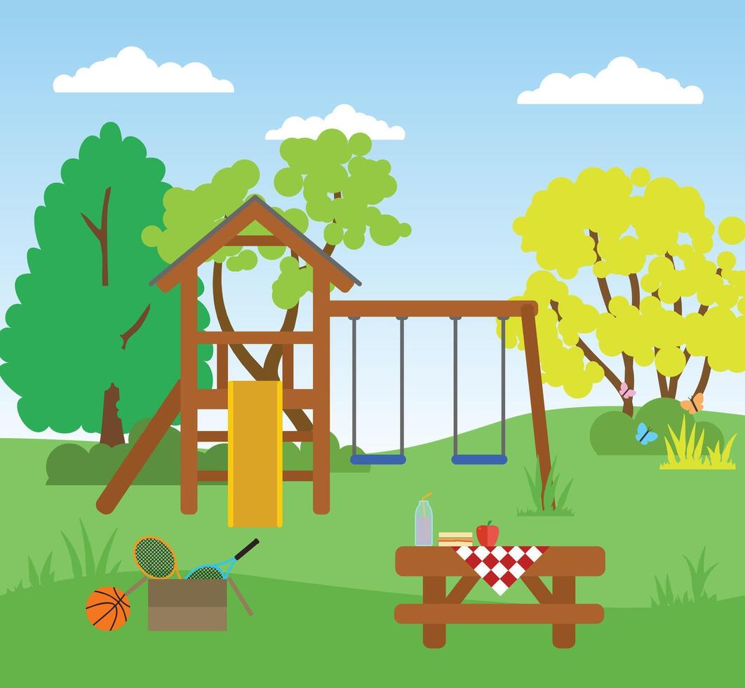 Kids play structure in a beautiful park vector