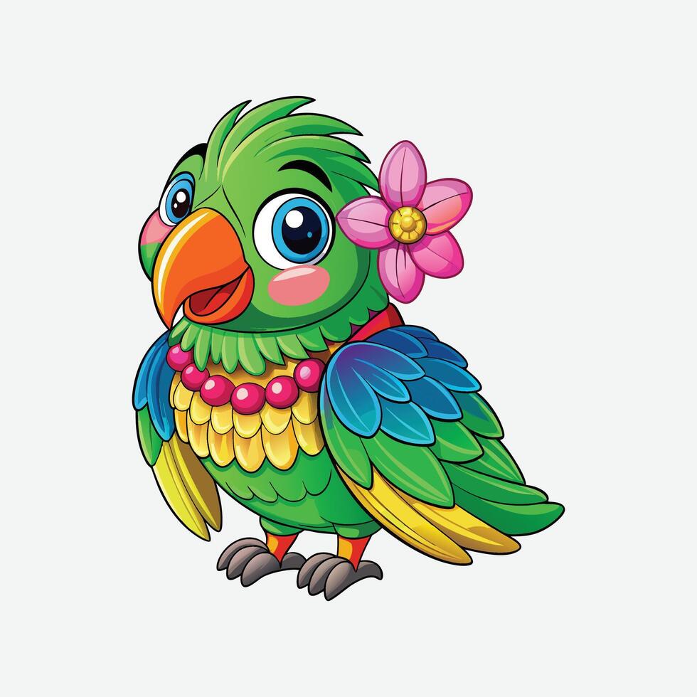 a beautiful green colorful parrot, flower, wings vector
