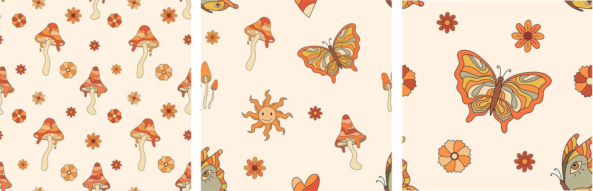 Set of retro seamless patterns with mushrooms, flowers and butterflies. Autumn vibe. Nostalgic 70s. vector
