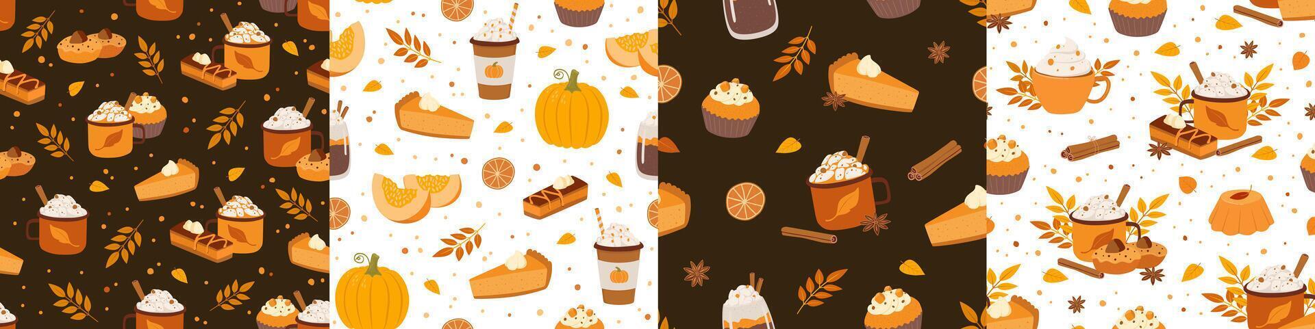 Set of autumn seamless pattern with hot beverage, cappuccino, pumpkin and cake. illustration. Perfect for cafeteria, bakery, wrapping paper vector