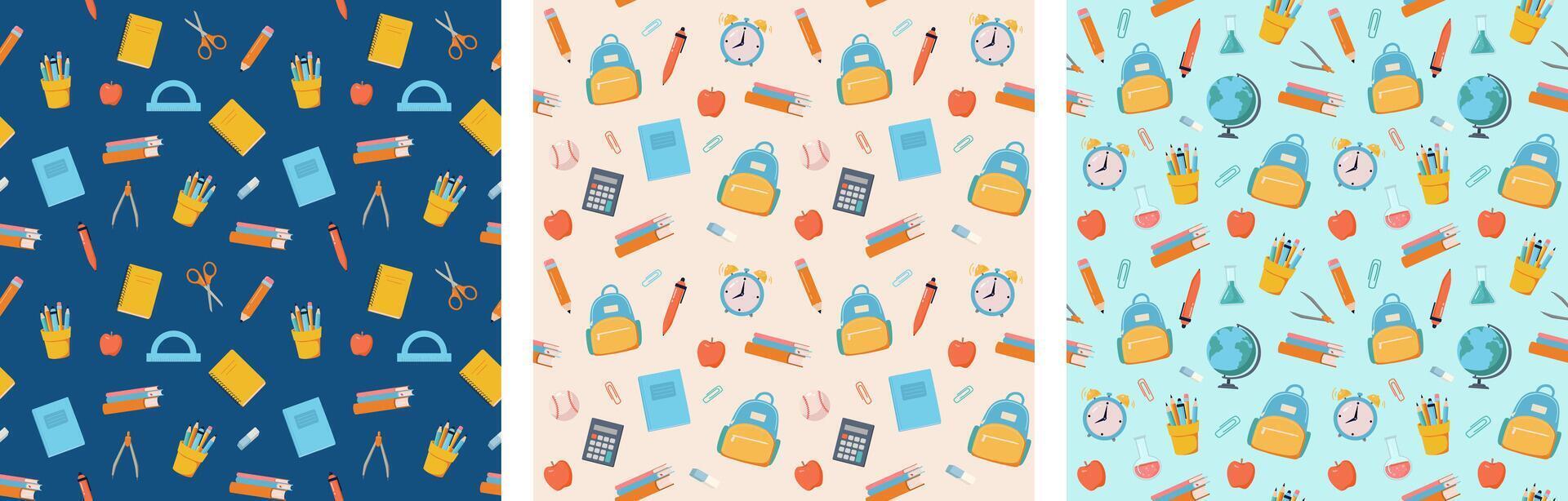 Set of seamless pattern with cartoon school items. Pen, pencil, book, globe, backpack, ruler illustration. Education, stationery store background, wrapping paper. vector