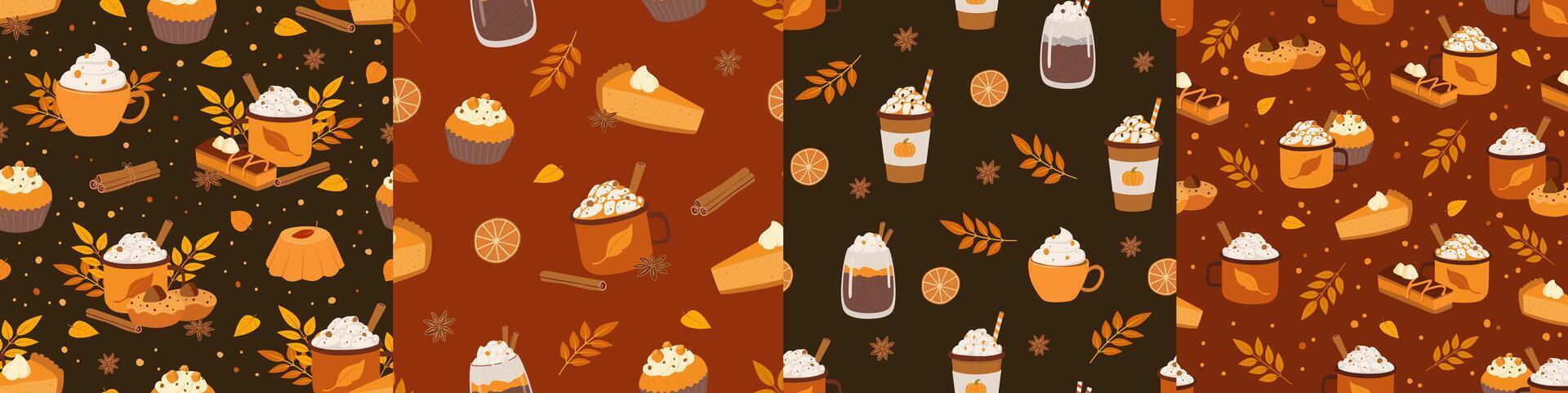 Set of autumn seamless pattern with hot drink, latte, pumpkin spice and dessert. illustration. Perfect for cafe, menu, packing, wrapping paper vector