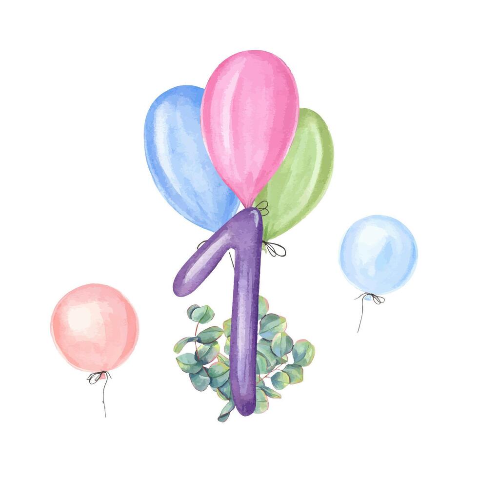 Watercolor holiday card with first anniversary for any holiday. Number 1, colored balloons, eucalyptus. Hand painted illustration isolated on white background. For greeting card vector
