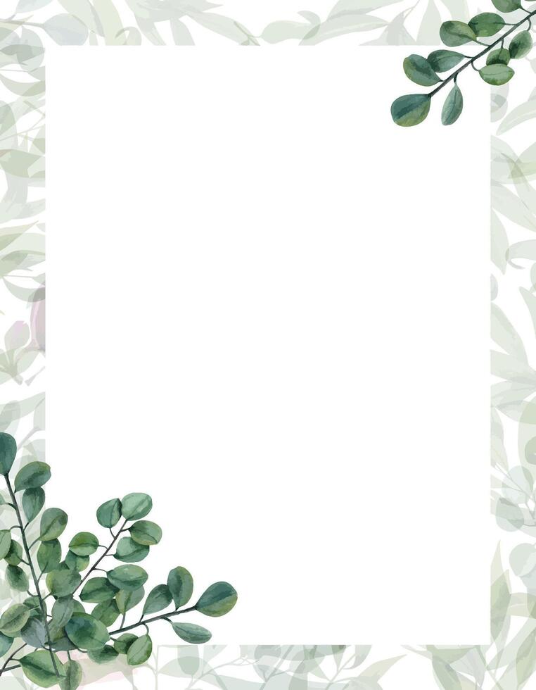 Watercolor floral frame with eucalyptus branches. Vertical border with green plants. Illustration for postcard, Save the date, Valentines day, birthday and mothers day cards vector