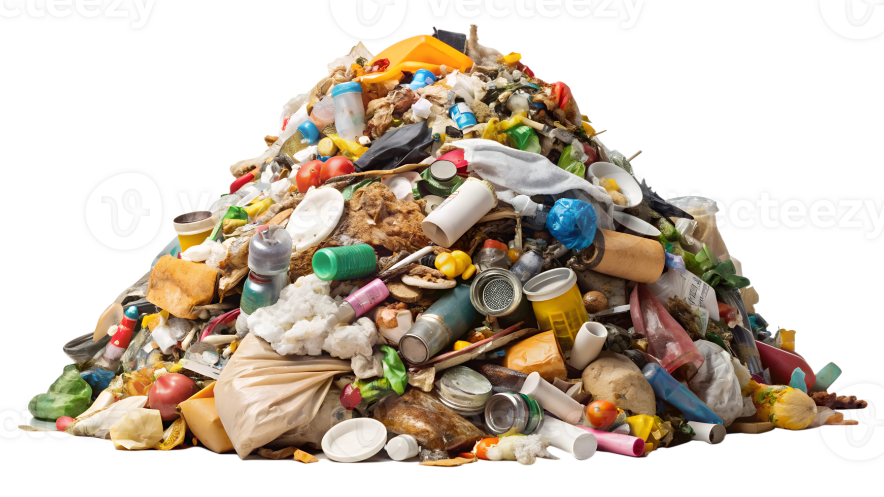 Large pile of assorted household waste and garbage items isolated transparent png
