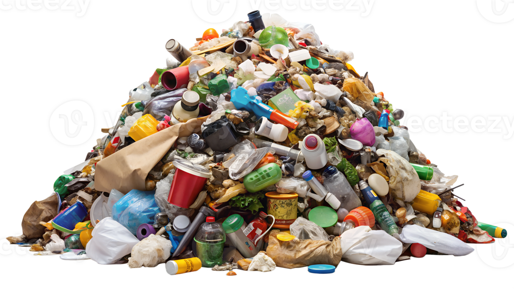 Mixed pile of trash with plastic bottles, cans, and food waste isolated transparent png