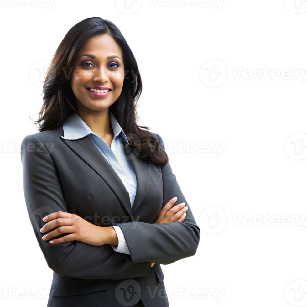 Smiling businesswoman in suit with arms crossed, isolated on transparent background png