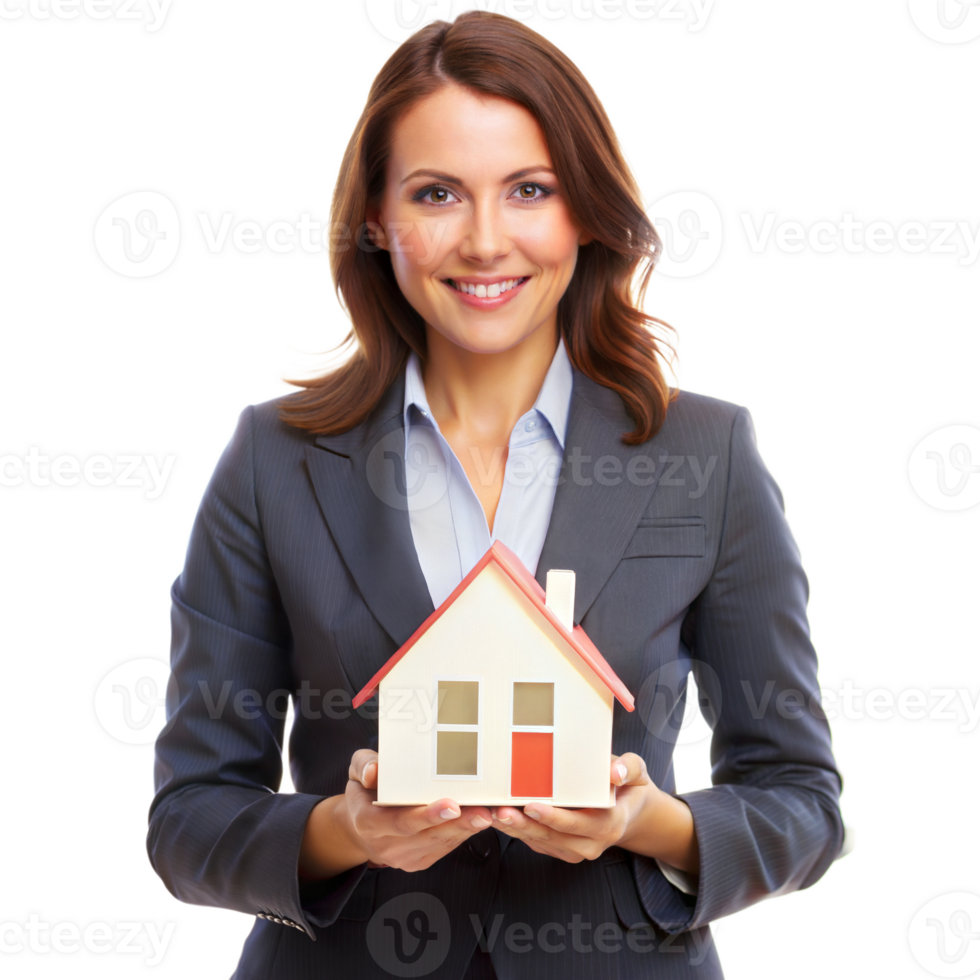 Businesswoman holding model house, real estate concept, isolated on transparent background png