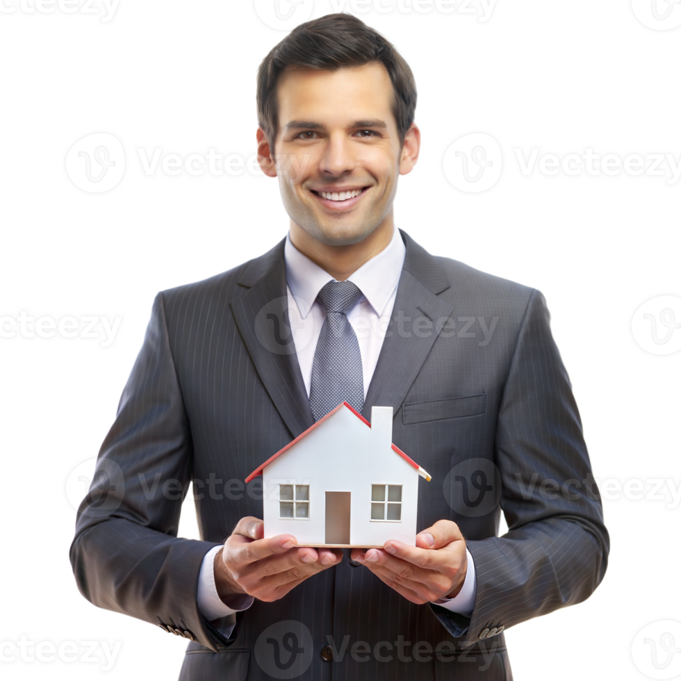 Businessman displaying house model with orange roof, isolated on transparent background png