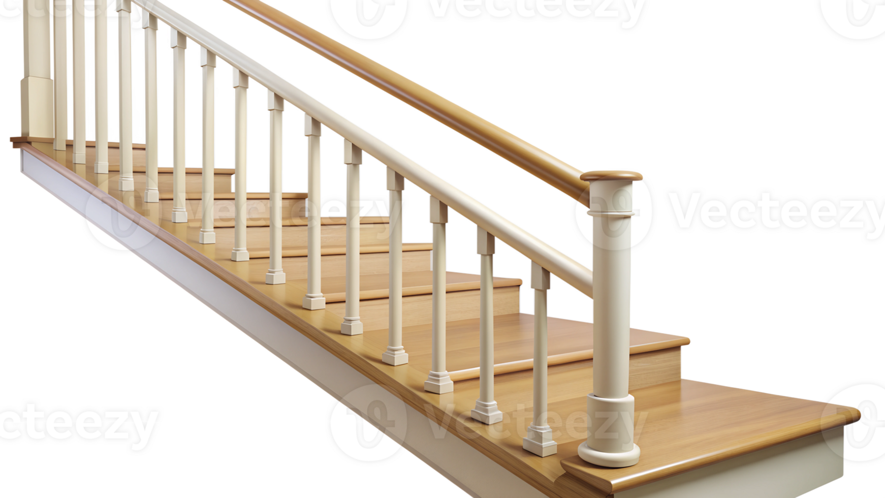 Wooden staircase with white railings side view isolated transparent png