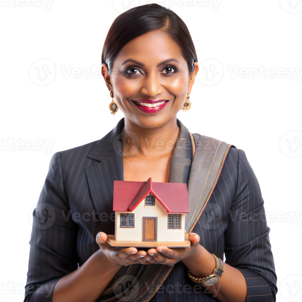Indian businesswoman holding a house model, isolated on transparent background png