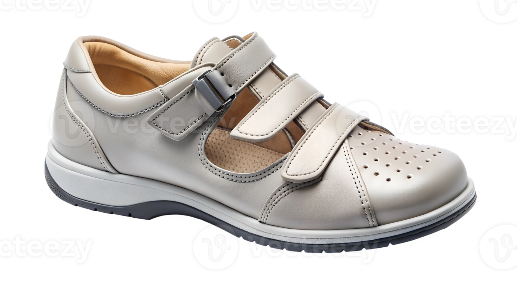 Light gray orthopedic shoe with perforations side view isolated transparent png