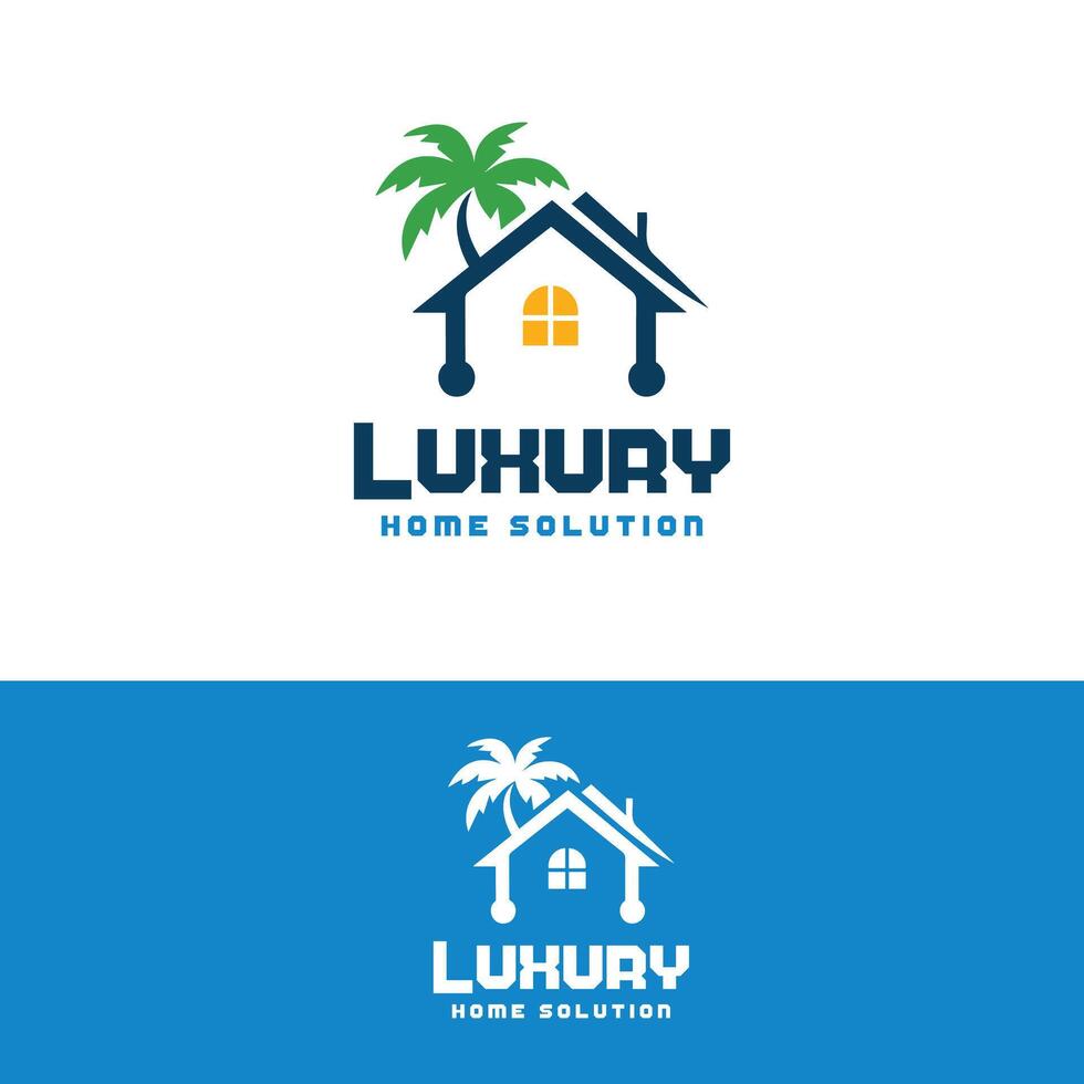A modern logo design featuring a house, palm tree, and luxury home solutions in vibrant colors vector