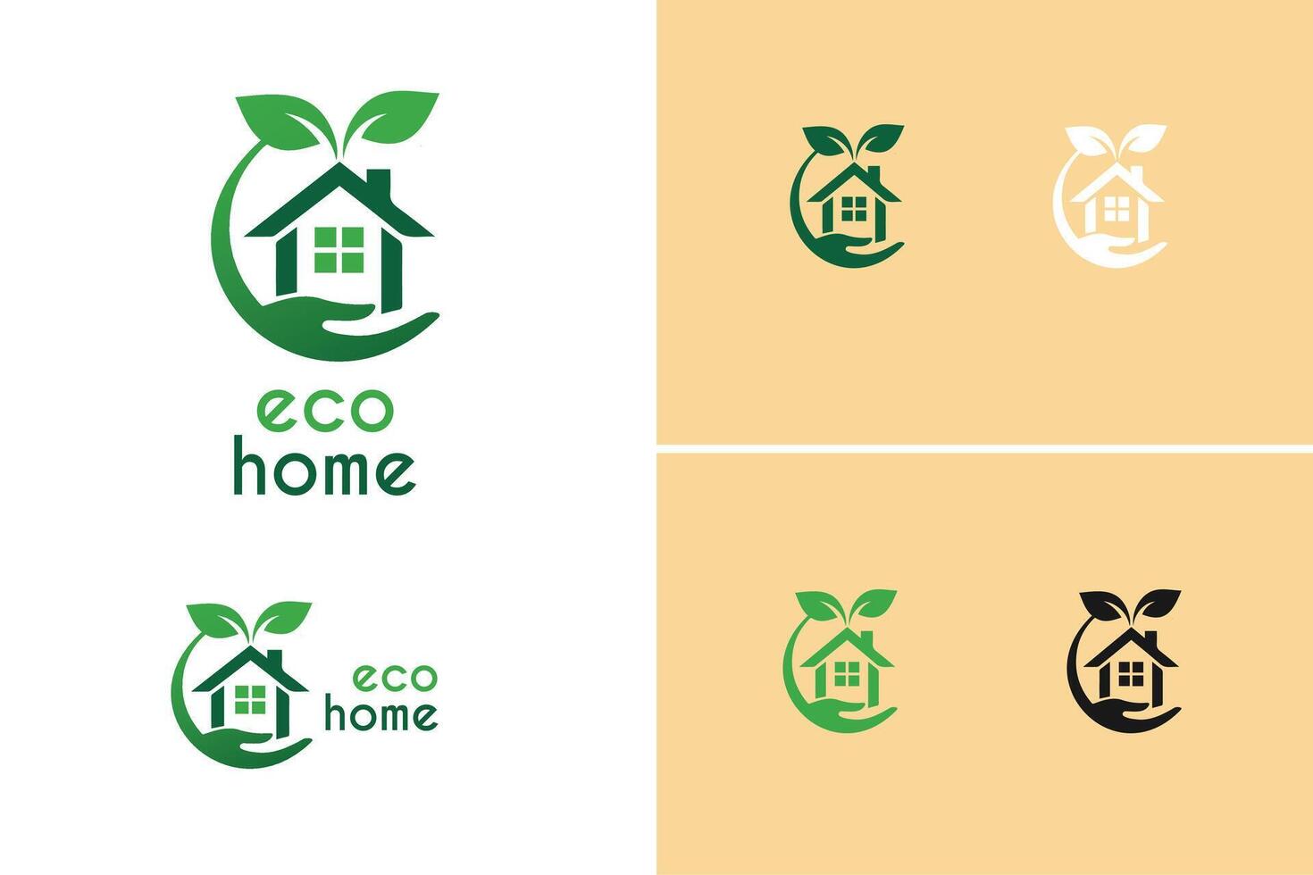 Eco home logo design featuring a house surrounded by leaves on different colored backgrounds vector